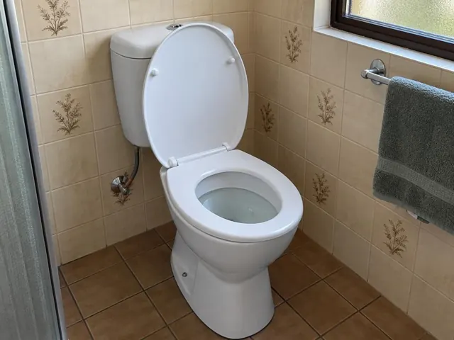 Clean white toilet in a tiled bathroom with towel rail and window in Wetherill Park