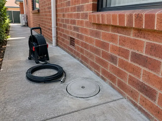 Concrete side path beside a brick house with a capped drain inspection opening and camera reel in Bossley Park