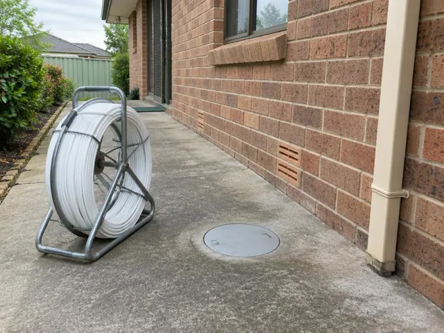 Concrete side path beside brick house with a flush round access cap in St Johns Park